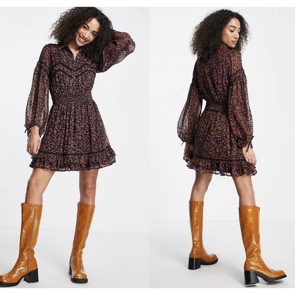 Topshop floral textured mini tea dress in multi‎ Size 8